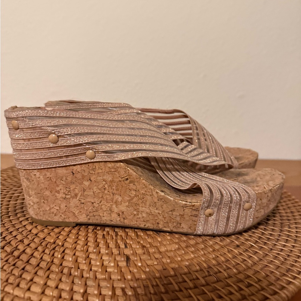 Lucky Brand‎ Tan Glitter Striped Cork Wedge Sandals - Picture 2 of 10